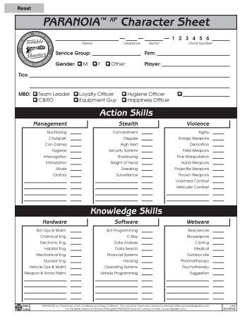 Paranoia XP Character Sheet v1.0 - ESG Labs