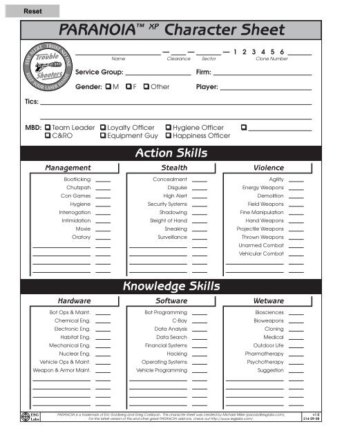 Paranoia XP Character Sheet v1.0 - ESG Labs