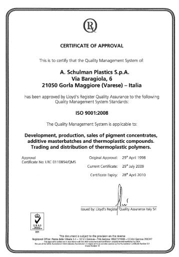 A. Schulman Plastics S.p.a. Via Baragiola, 6