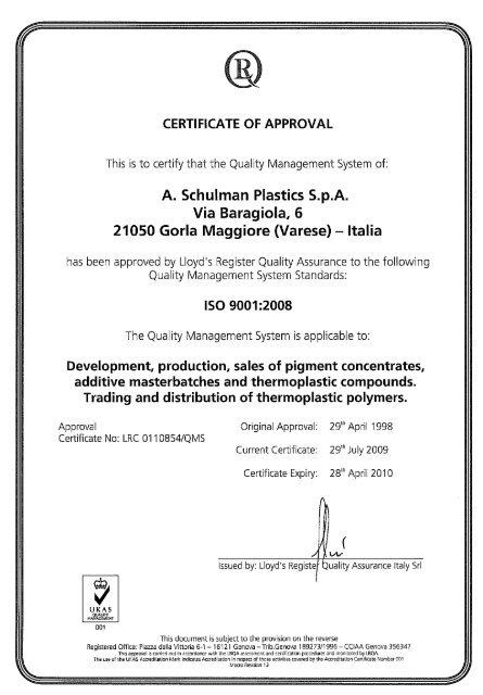 A. Schulman Plastics S.p.a. Via Baragiola, 6