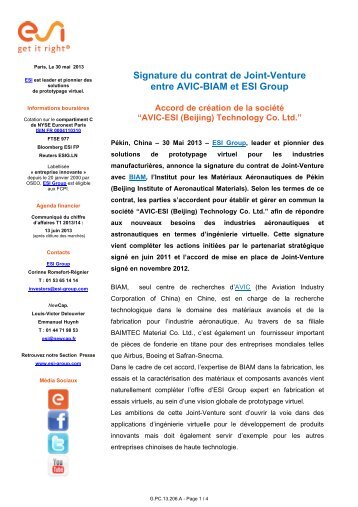 Signature du contrat de Joint-Venture entre AVIC-BIAM et ESI Group