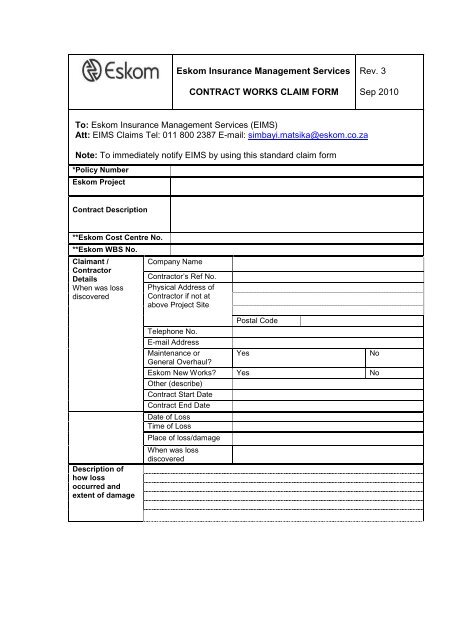 Works Damage Claim Form Eskom