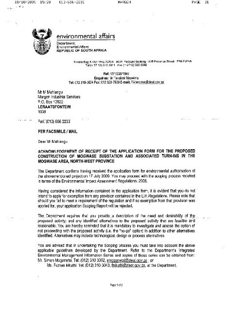Acknowledgement letter from DEA - Eskom