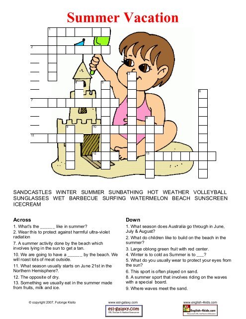 Summer Holiday Crossword Exercise Esl Galaxy Summer Holiday Crossword Exercise Esl Galaxy