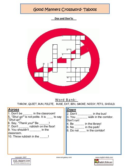 Good Manners Crossword Taboos Esl Galaxy