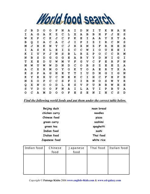 World Food word search - ESL Galaxy