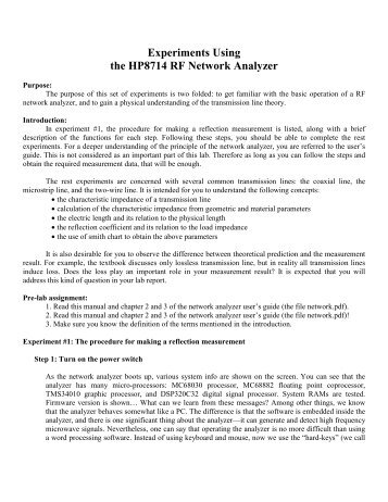 Experiments Using the HP8714 RF Network Analyzer