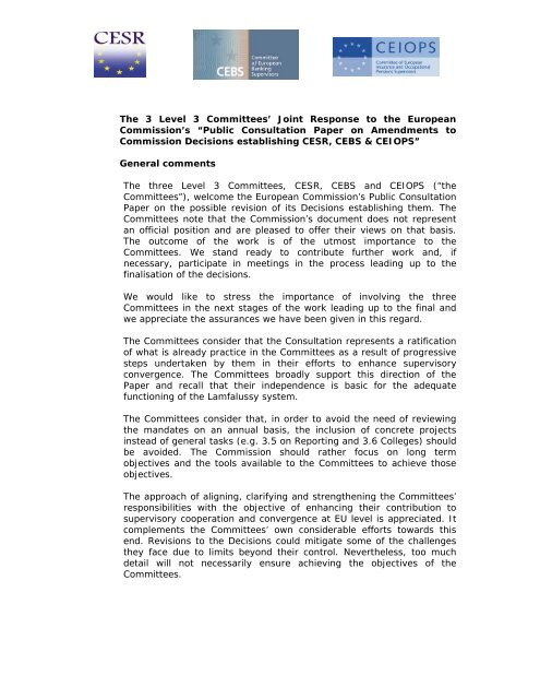 The 3 Level 3 Committees' Joint Response to the European ... - Esma