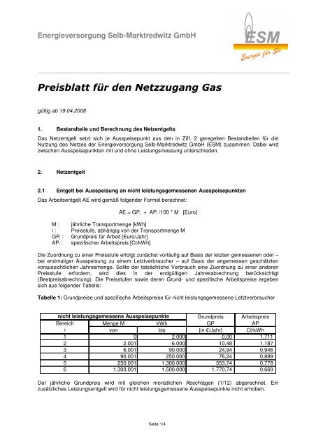 Preisblatt öVNB - Energieversorgung Selb