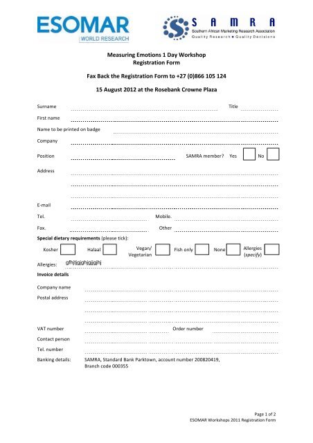 Measuring Emotions 1 Day Workshop Registration Form ... - Esomar