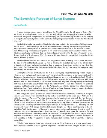 The Sevenfold Purpose of Sanat Kumara - School for Esoteric Studies