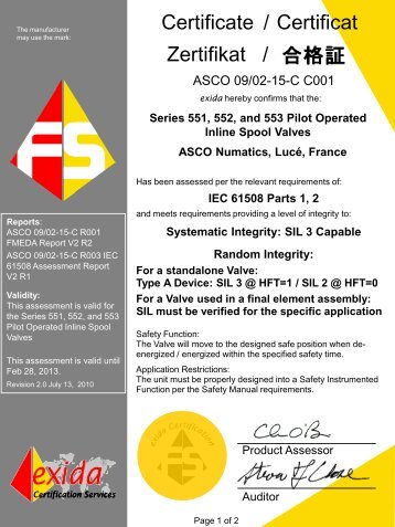 SIL 3 - IEC 61508 - Exida - ASCO Numatics