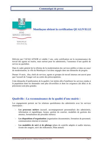 Montluçon obtient la certification QUALIVILLE Qualiville - Espace ...