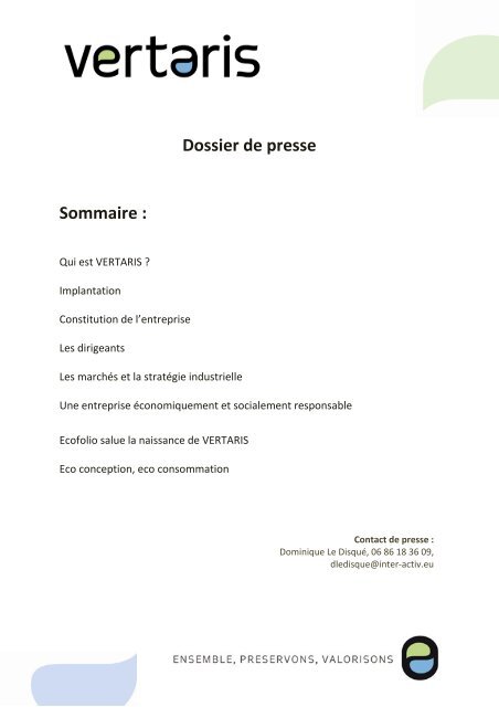 Dossier de presse Sommaire : - Espace Datapresse