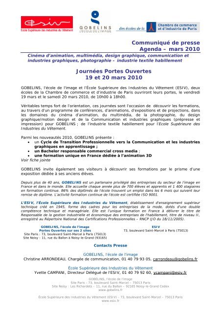 Communiqué de presse Agenda – mars 2010 Journées Portes ...