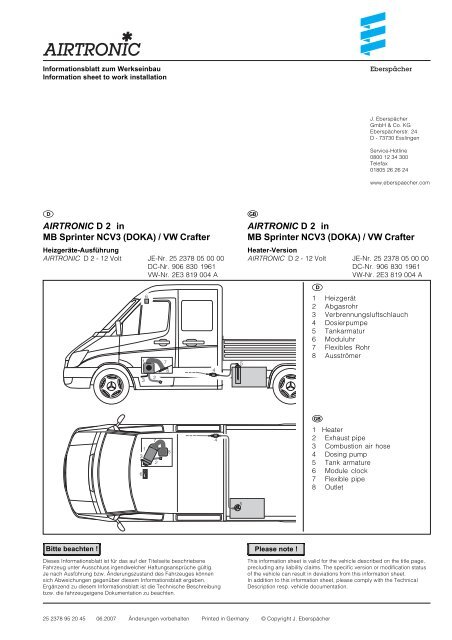 AIRTRONIC D 2 in MB Sprinter NCV3 (DOKA) / VW Crafter ... - Espar