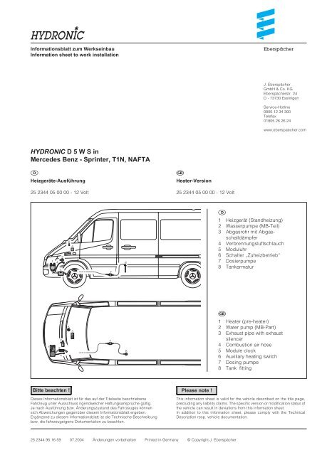 HYDRONIC D 5 W S in Mercedes Benz - Sprinter, T1N, NAFTA - Espar
