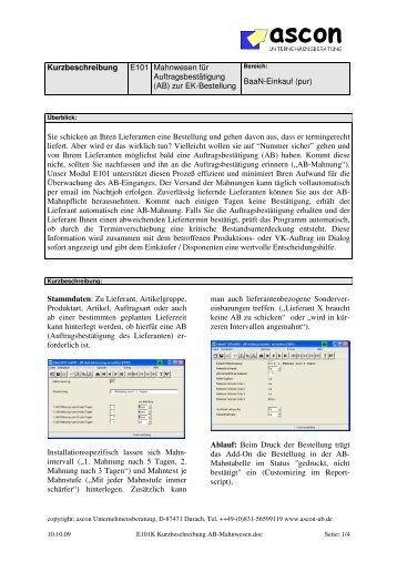 Kurzbeschreibung E101 Mahnwesen für Auftragsbestätigung (AB ...