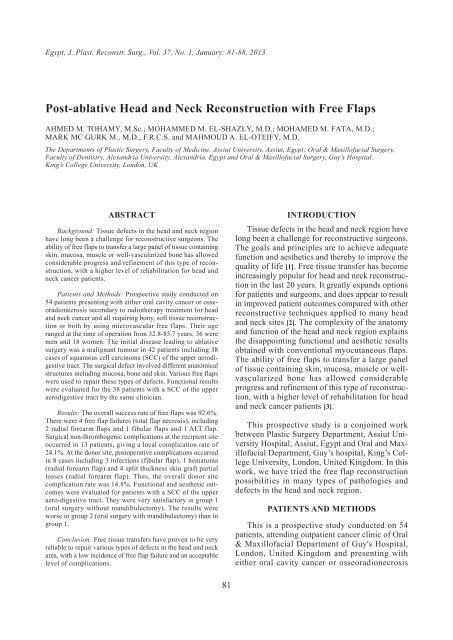 Post-ablative Head and Neck Reconstruction with Free Flaps - ESPRS