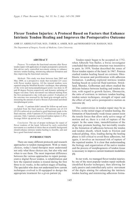 Flexor Tendon Injuries: A Protocol Based on Factors that ... - ESPRS