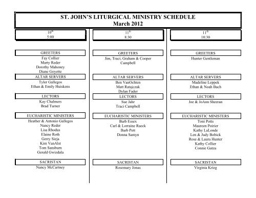 ST. JOHN'S LITURGICAL MINISTRY SCHEDULE March 2012