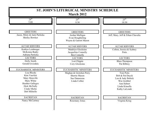 ST. JOHN'S LITURGICAL MINISTRY SCHEDULE March 2012