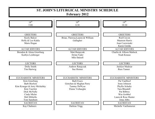 ST. JOHN'S LITURGICAL MINISTRY SCHEDULE March 2012