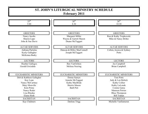 ST. JOHN'S LITURGICAL MINISTRY SCHEDULE March 2012