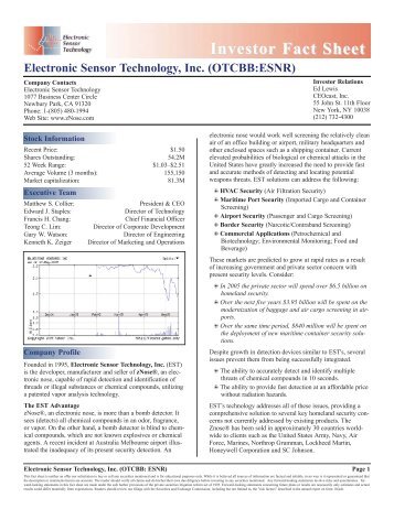 Investor Fact Sheet - Electronic Sensor Technology