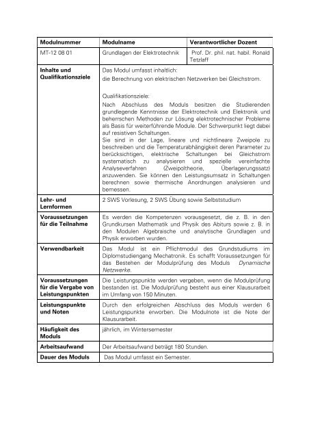 Anlage 2, Teile 1 und 2: Modulbeschreibungen Pflichtmodule