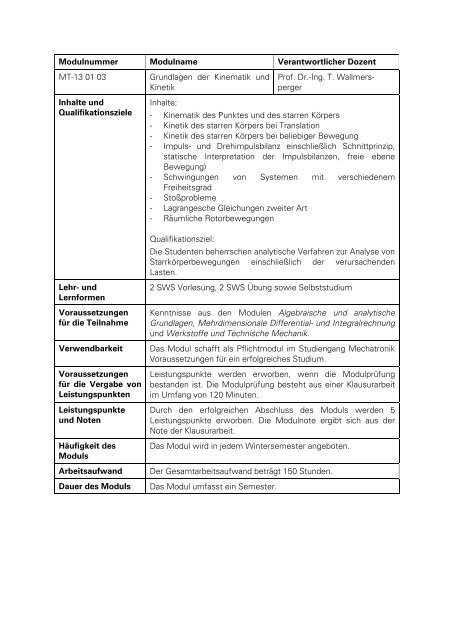 Anlage 2, Teile 1 und 2: Modulbeschreibungen Pflichtmodule