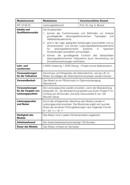 Anlage 2, Teile 1 und 2: Modulbeschreibungen Pflichtmodule