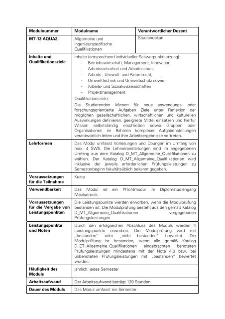 Anlage 2, Teile 1 und 2: Modulbeschreibungen Pflichtmodule