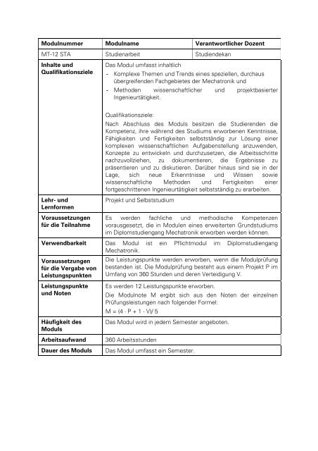 Anlage 2, Teile 1 und 2: Modulbeschreibungen Pflichtmodule