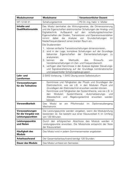 Anlage 2, Teile 1 und 2: Modulbeschreibungen Pflichtmodule