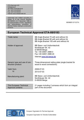 European Technical Approval ETA-08/0183 - ETA-Danmark