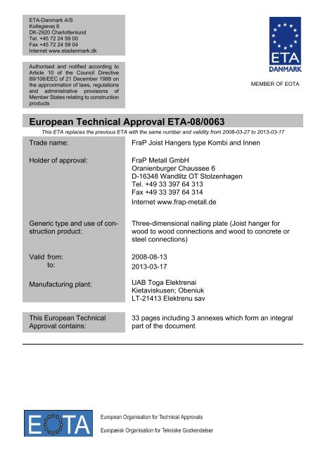 European Technical Approval ETA-08/0063 - ETA-Danmark