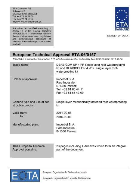 European Technical Approval ETA-06/0157 - ETA-Danmark