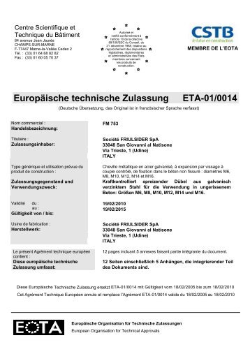 Europäische technische Zulassung ETA-01/0014 - Friulsider