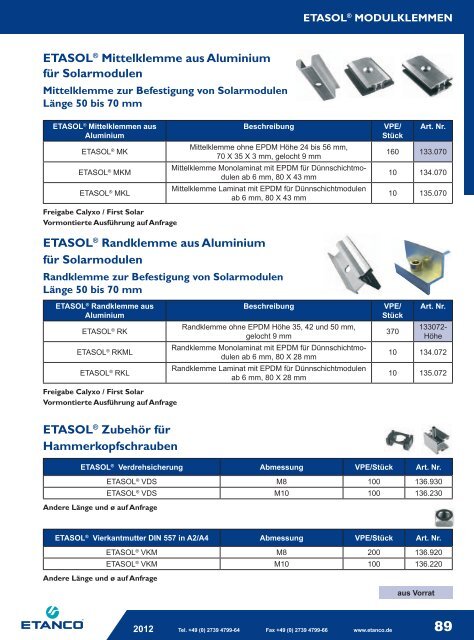 Solarbefestigungssysteme für Photovoltaikanlagen - Etasol-solar ...