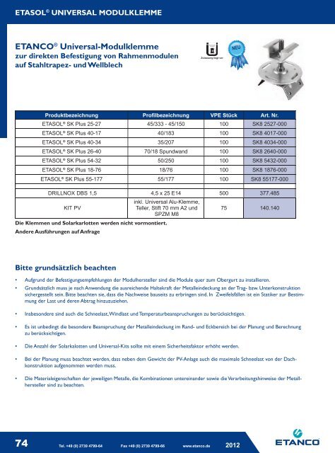 Solarbefestigungssysteme für Photovoltaikanlagen - Etasol-solar ...