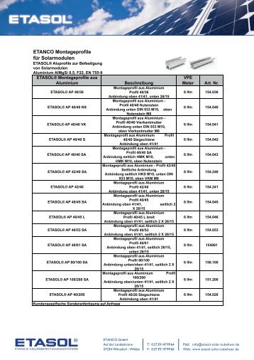 Produktübersicht Montageprofile für Solarmodulen - Etanco
