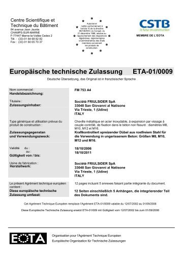 Europäische Technische Zulassung Bolzenanker FM-753 ... - Etanco