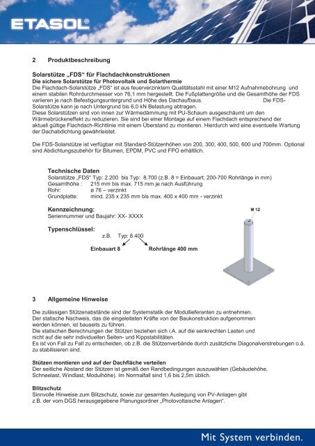 FDS Solarstuetzen Flachdach - Etasol-solar-zubehoer.de