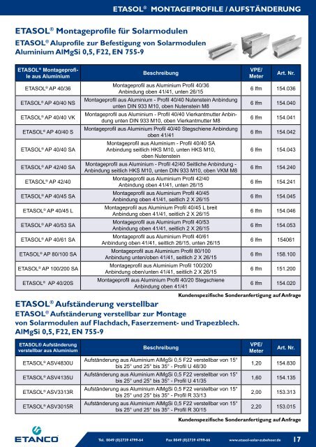 EUROPÄISCHER HERSTELLER VON ... - Etasol-solar-zubehoer.de