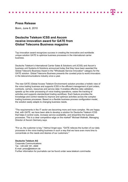 Press Release Deutsche Telekom ICSS and Ascom receive innovation