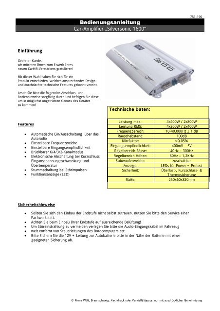 Bedienungsanleitung Car-Amplifier ?Silversonic 1600? - ETC Shop