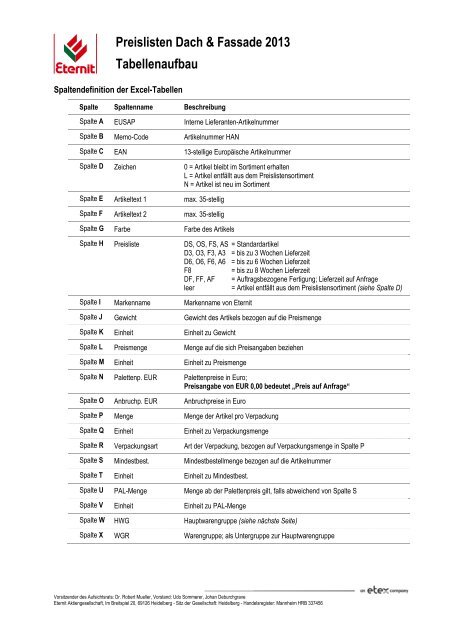 Erklärung zum Tabellenaufbau elektronische Preisliste