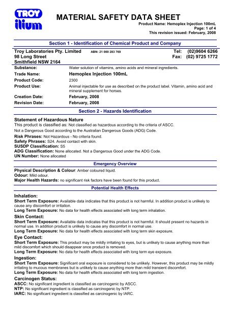 Hemoplex Injection Msds Ethical Agents