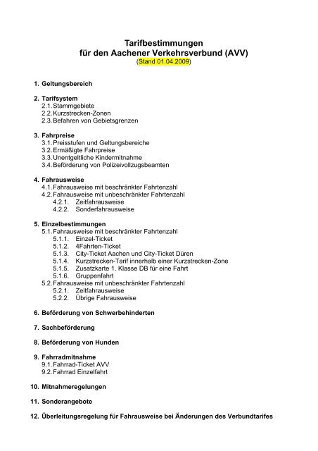 Tarifbestimmungen für den Aachener Verkehrsverbund (AVV)